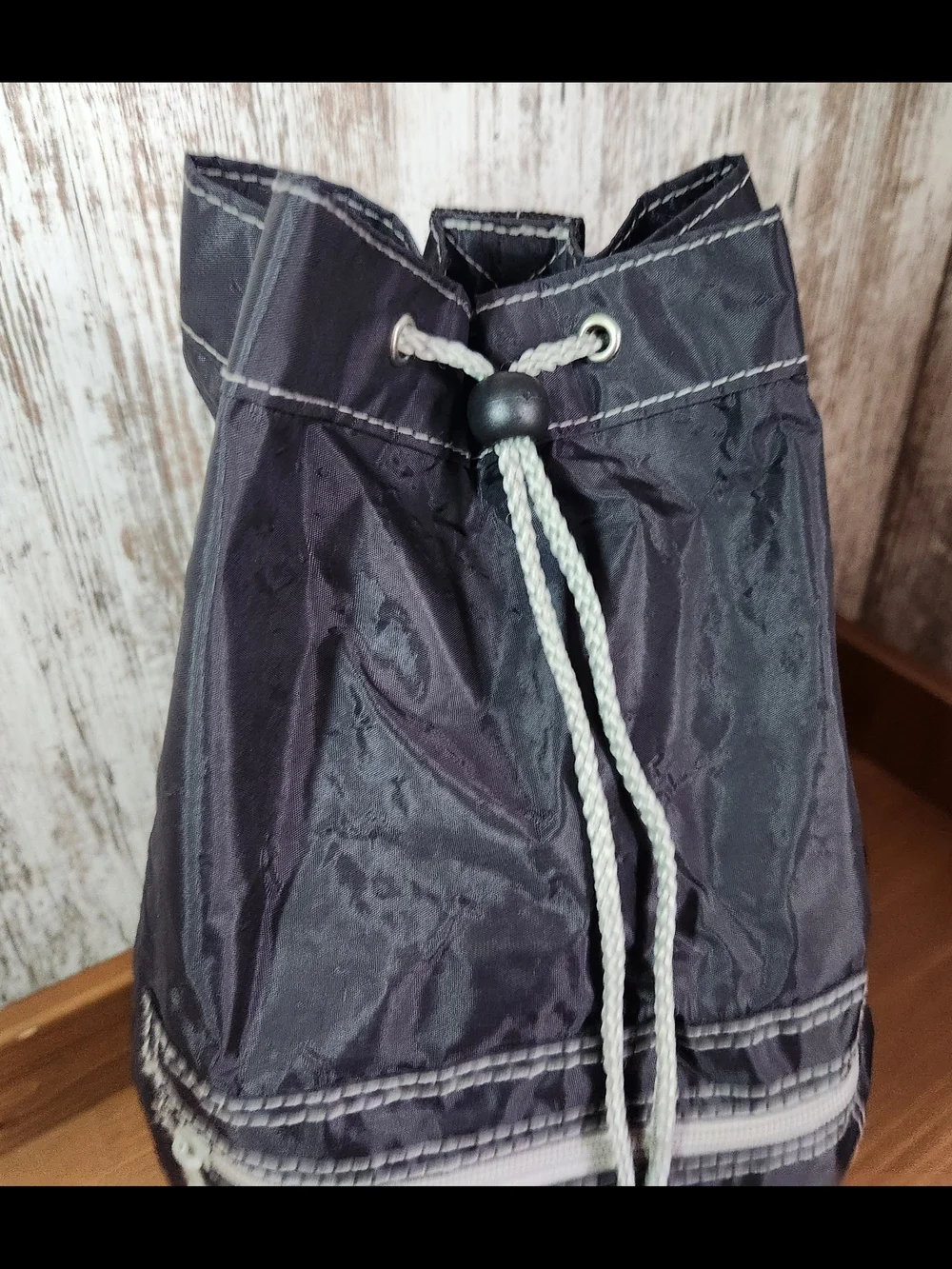 Nylon Black Drawstring Sling Backpack Tote Light Gray Accents Swim Gym Shoe Bag